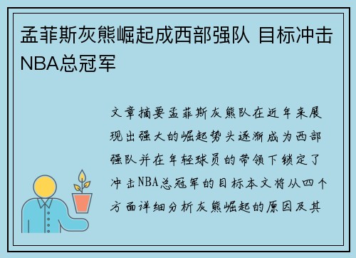 孟菲斯灰熊崛起成西部强队 目标冲击NBA总冠军